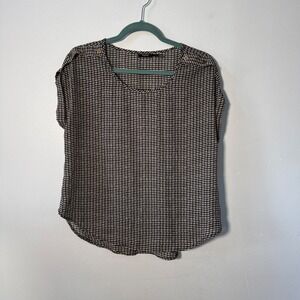 Poetry Womens Black White Grid Print Blouse Gold Button Shoulder Size Large‎